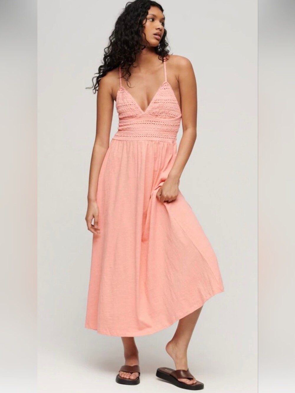 Crochet Bodice Maxi Dress - Coral Pink